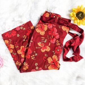 Context Floral Print Red Orange Capri Pants Size 8 Cotton Bright Hawaii Tie Chic